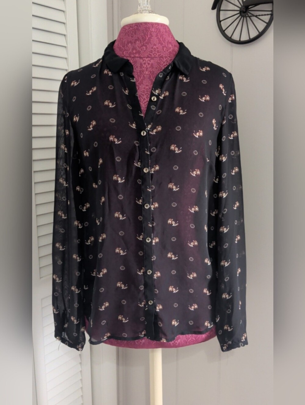 Philosophy Black Sheer Long Sleeve Button Up Ladies Blouse Shirt w/ Basset Hound